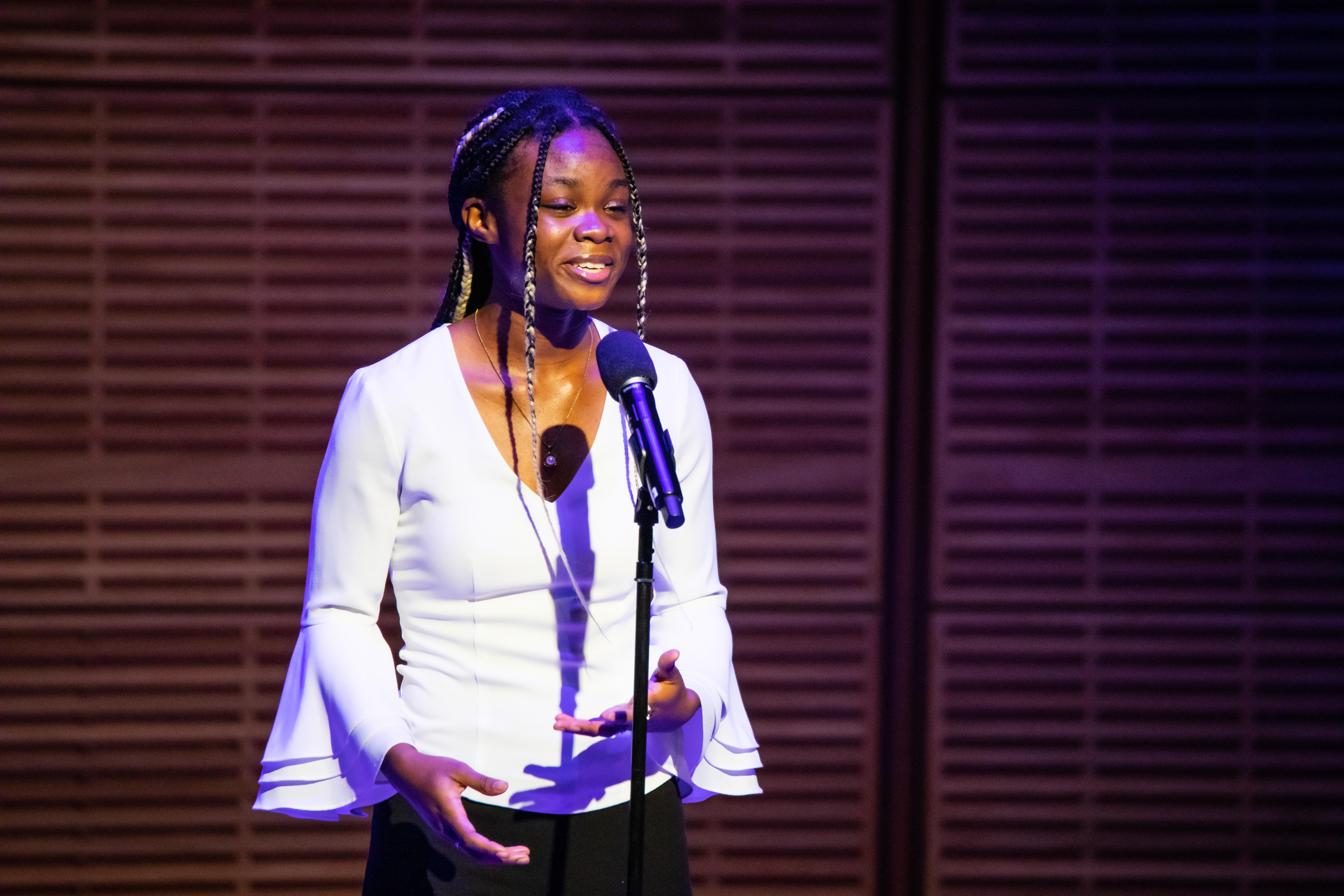First-year student Deborah Olantunji, Excelano Project spoken word artist.