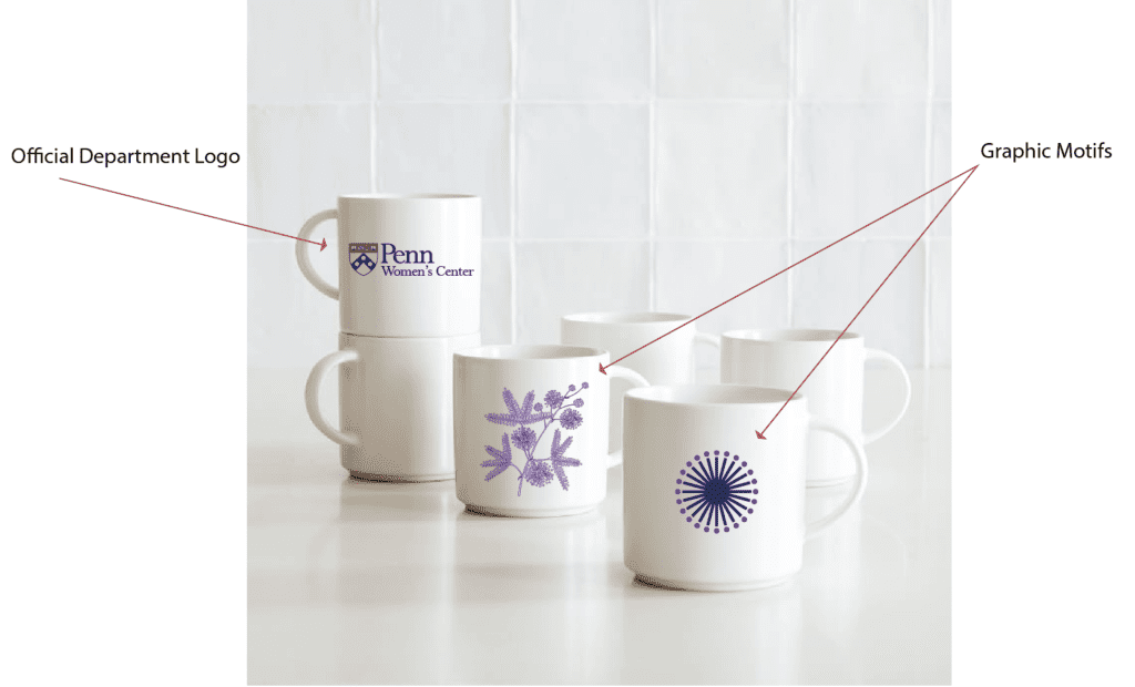 collection of mugs with logos and graphic motifs