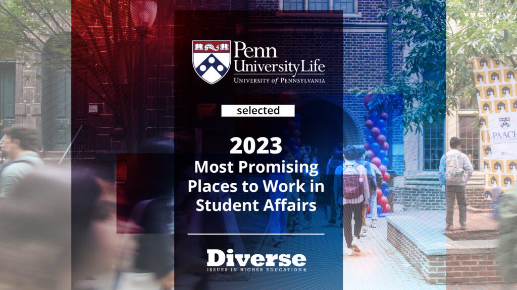 Students walking into a building on Penn's campus with flyer text