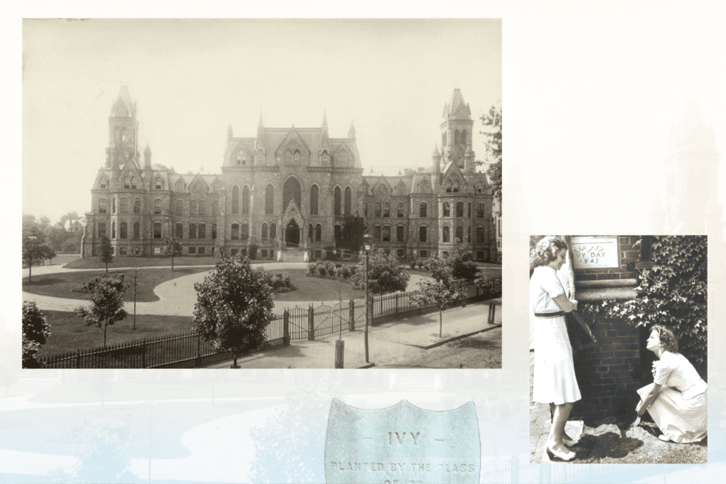 The sepia tone photo on the left depicts College Hall. The black and white photo on the right shows two women by the 1945 Ivy Day stone. Photos are set on a decorative background.