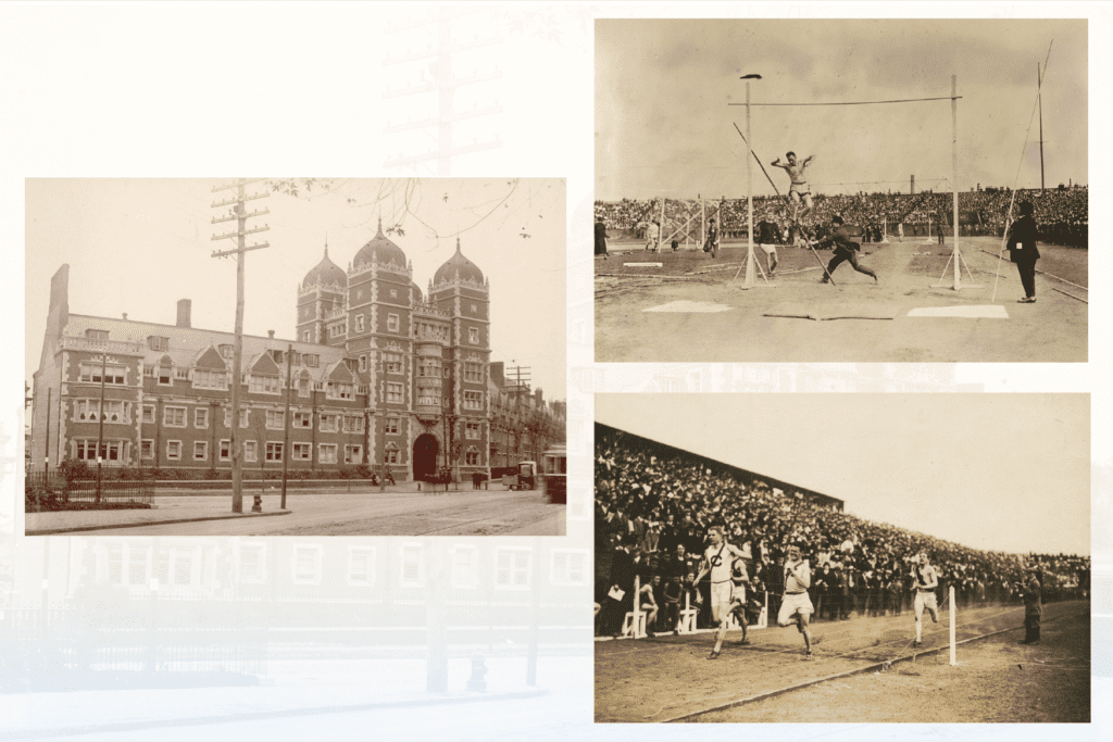 Three sepia tone photographs placed over a decorative background.