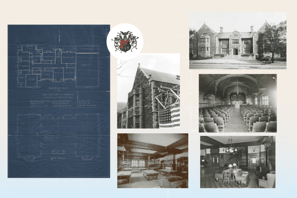 A collage of interior and exterior black and white photos over a decorative background. Additionally, this collage features a Houston Hall emblem and blueprints.