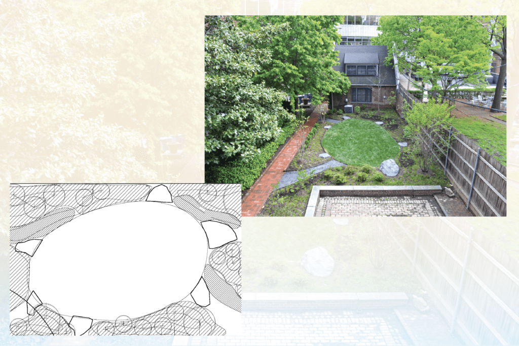 The top right photo shows a high-angle view of GIC's turtle-shaped Lenape Garden. The bottom left drawing shows a concept sketch of the turtle-shaped garden.