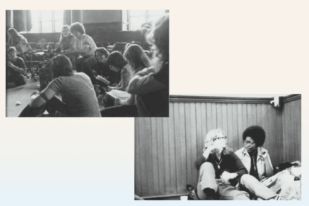 Two photos set on a decorative background show women talking with each other at the sit-in.