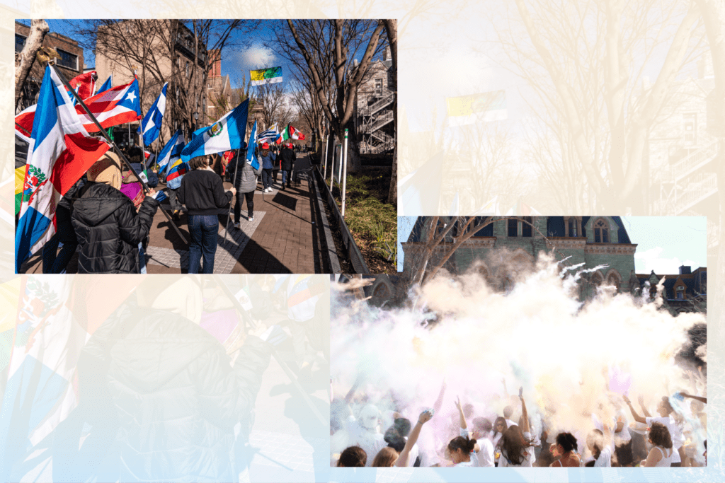 The top-left photo shows the colorful procession of flags. In the bottom-right photo, students throw colored powder into the air to celebrate Holi.