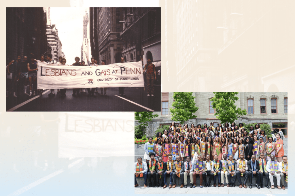 The top-left photo shows a procession of people with a banner reading, "LESBIANS AND GAYS AT PENN, UNIVERSITY OF PENNSYLVANIA". The bottom-right photo