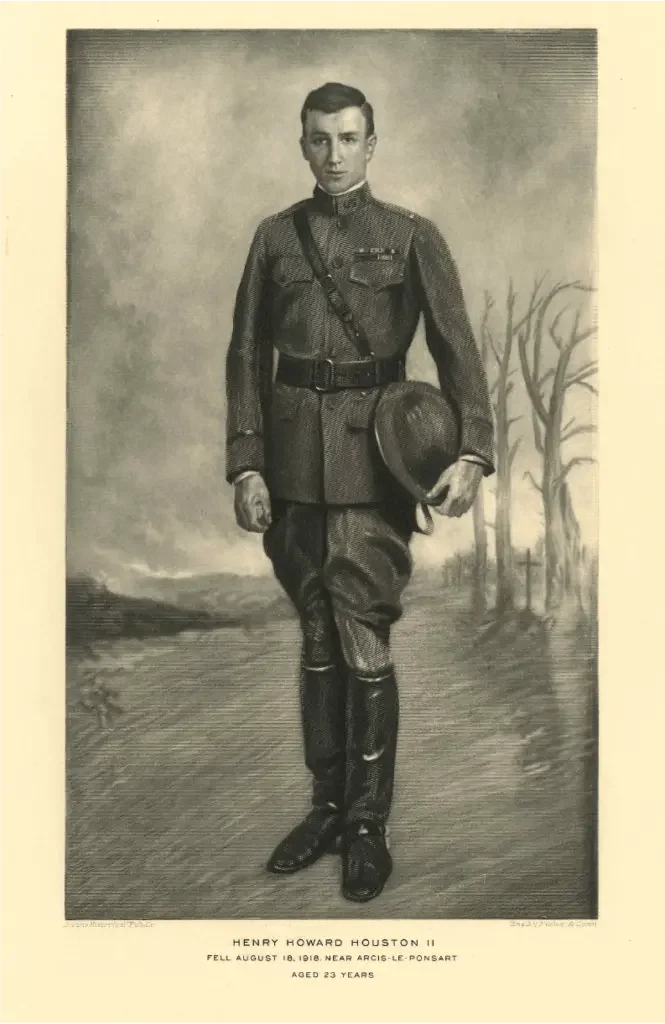 Black and white illustration on a yellowed page with the text "HENRY HOWARD HOUSTON II FELL AUGUST 18, 1918 NEAR ARCIS-LE-PONSART AGED 23 YEARS"