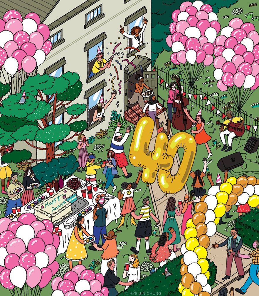 A playful illustration depicting a celebration held at the GIC. There are balloons everywhere and people doing a variety of tasks: eating, cheering, playing music, etcetera.